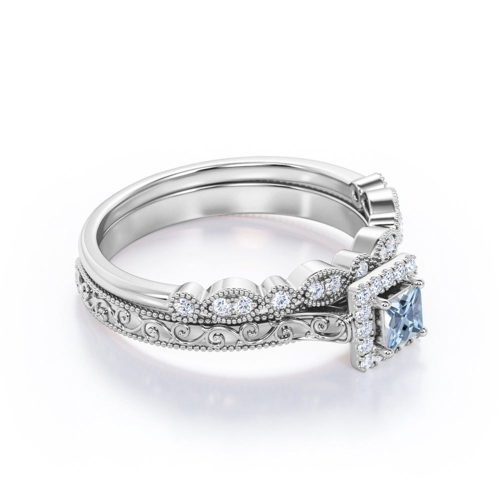 Vintage Filigree 0.6 Carat Princess Cut Aquamarine And Diamond Halo Wedding Ring Set In White Gold