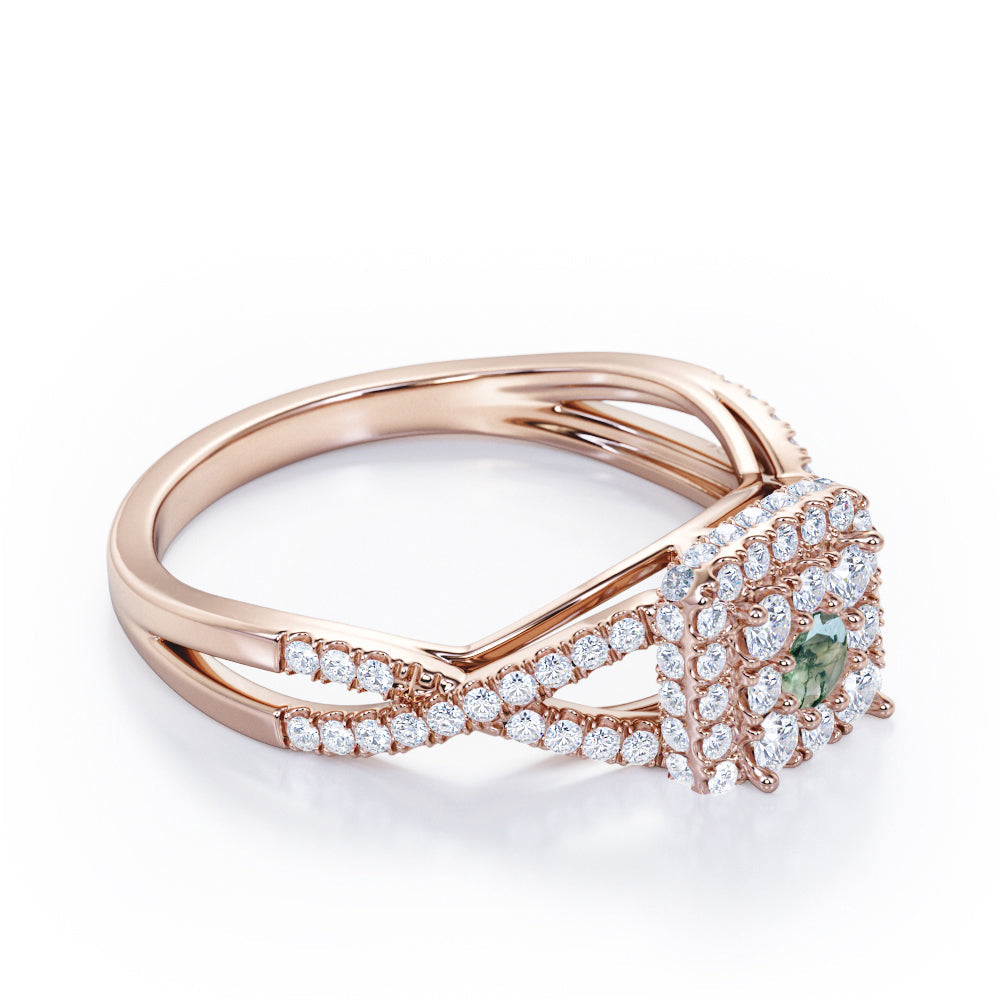 Pave Crossover - 1.25 Carat Round Cut Green Moss Agate and diamond - Flush Cluster Halo Engagement Ring in Rose Gold