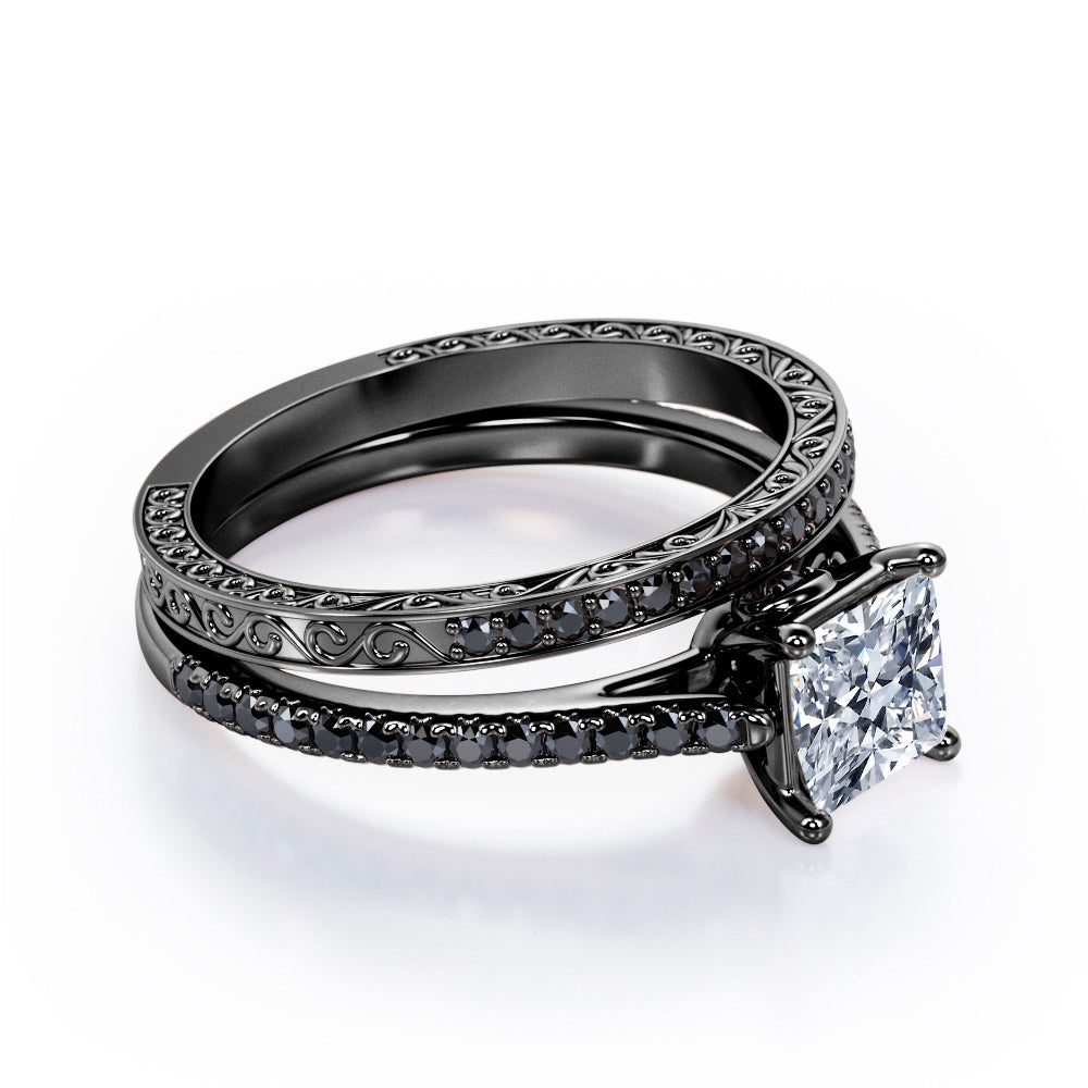 Art Deco Prong 1.5 TCW Princess Cut Moissanite with Lab Created Black Diamond Bridal Set with Pave Accents in Rose Gold