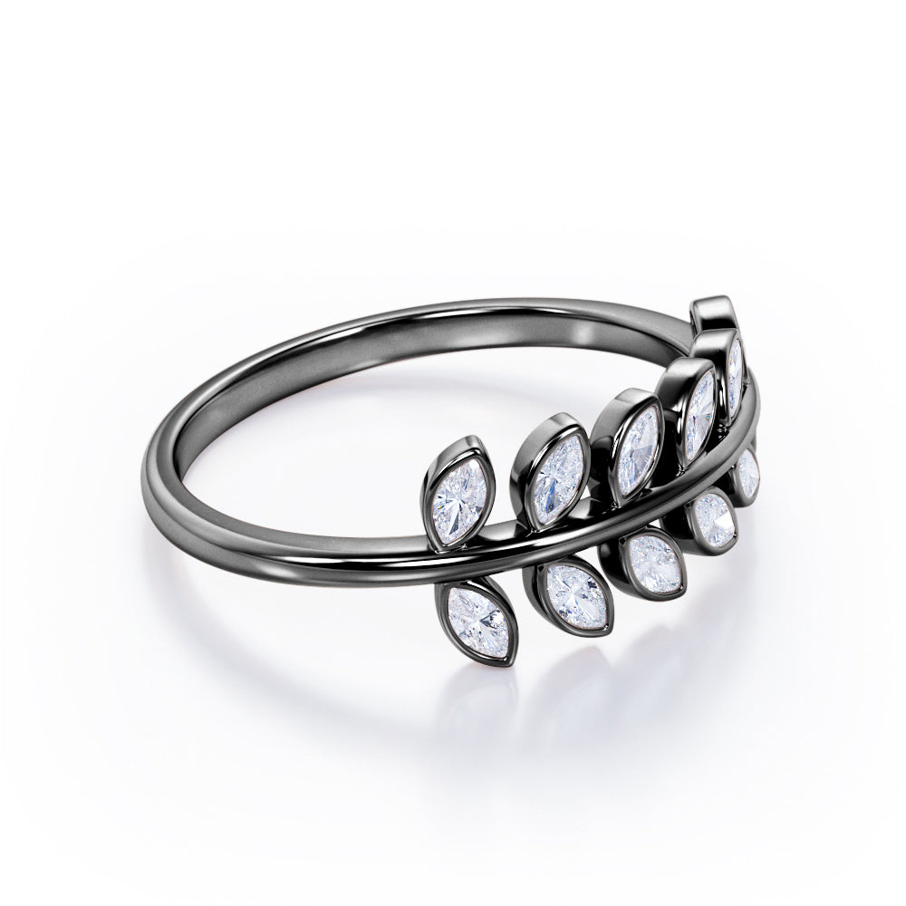 Inspired by Nature - 0.25 TCW Marquise Shaped Moissanite - Olive Leaf Stackable Ring - Black Gold