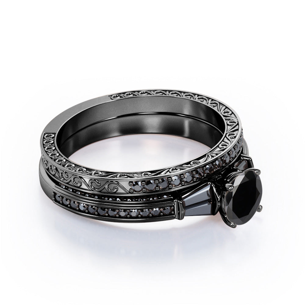 Art Deco 5-Stone 1.55 TCW Round Shape Lab Created Black Diamond Triple Pave-Channel Wedding Set in White Gold