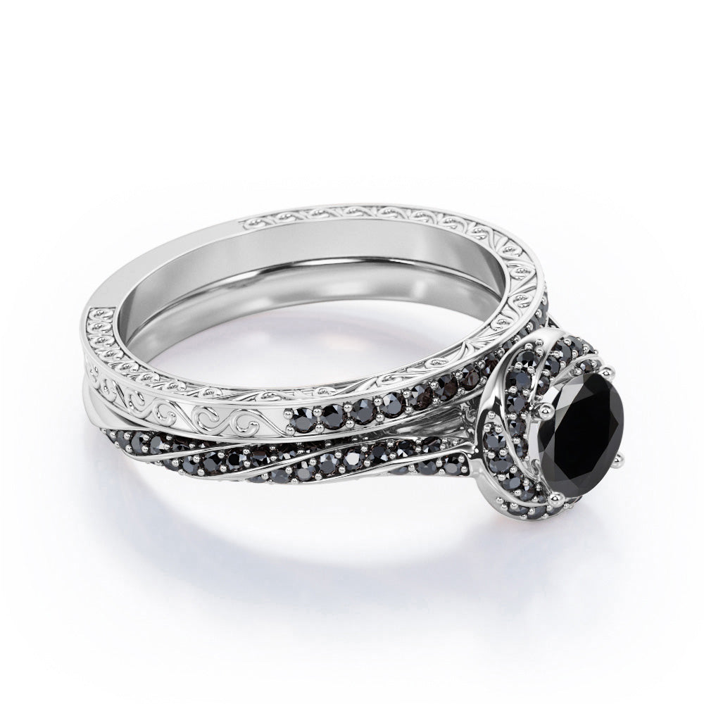 Art Deco Twisted Halo 1.55 TCW Round Shape Lab Created Black Diamond Twirl Pave Bridal Ring Set in White Gold