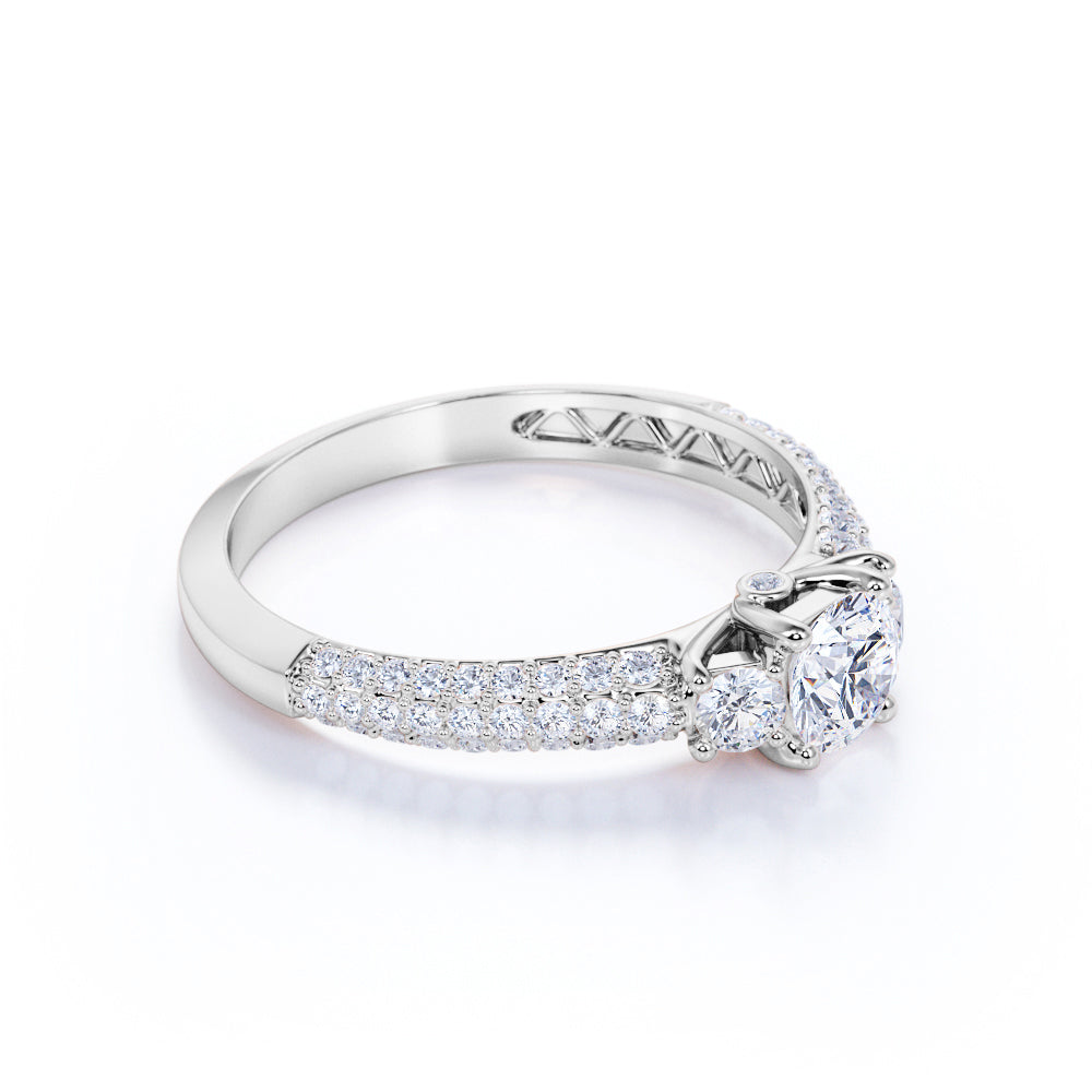 Stunning 1 Carat - Round Real 3 Stone Diamond Ring - Vintage Style - Micro Pave - Engagement Ring - 10K White Gold