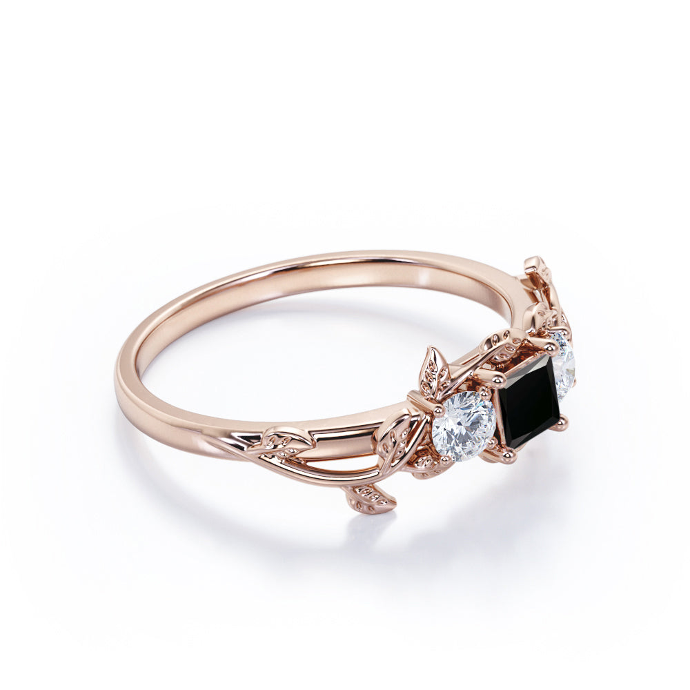 1 carat princess cut Black Diamond nature inspired engagement ring in white gold