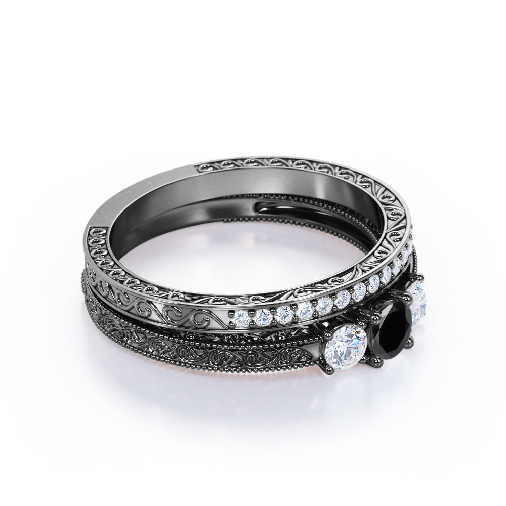 1.25 carat round cut  Black Diamond three stone wedding ring set in white gold