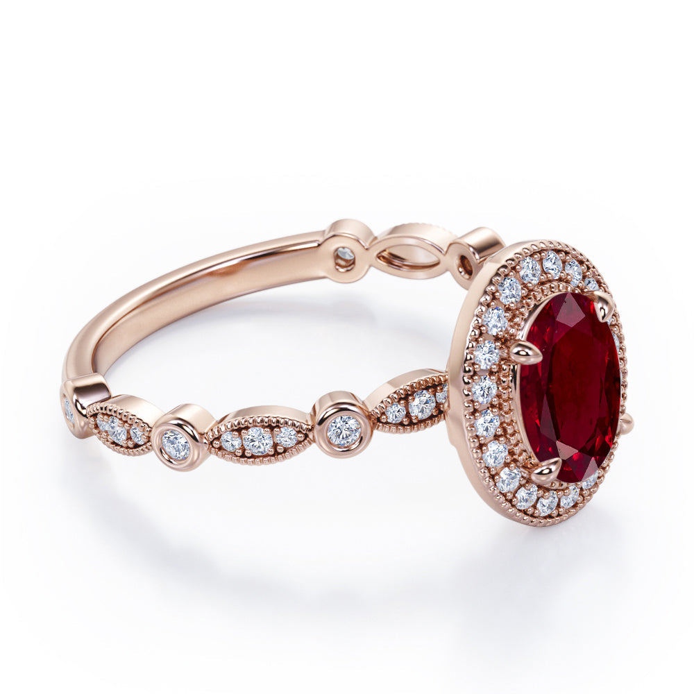 Vintage Halo 1.35 Carat Oval Cut Lab-Created Ruby And Diamond Art Deco Engagement Ring In Rose Gold