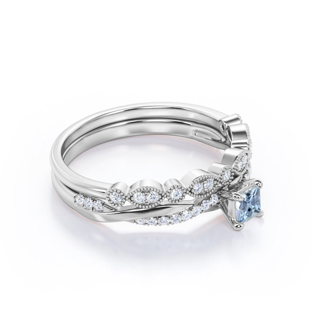 1.15 Carat Princess Cut Aquamarine And Diamond Twisted Wedding Ring Set In White Gold