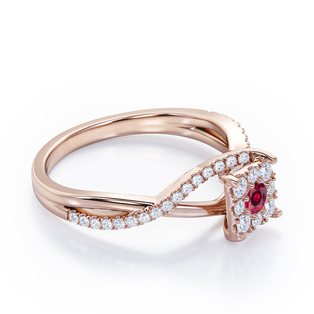 Semi Twisted Infinity 0.9 Carat Round Shape Ruby Square Floral Cluster in White Gold