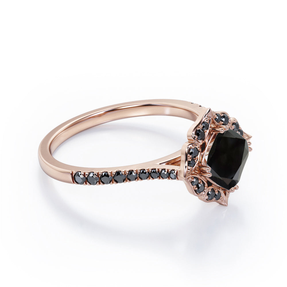 Vintage Filigree Cluster 1.5 TCW Cushion Cut Lab Created Black Diamond Engagement Ring with Pave Accents in White Gold