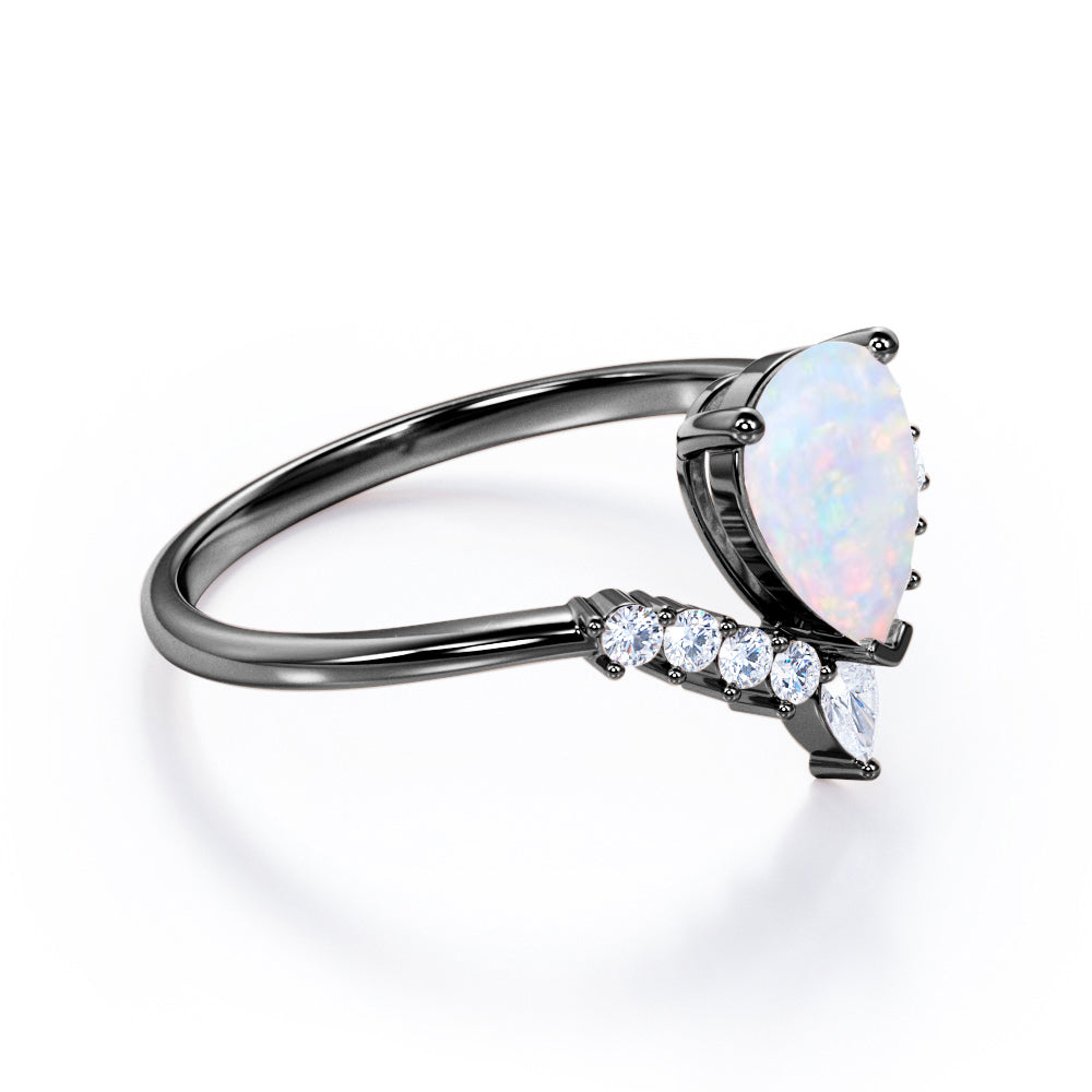 Modern 1.25 Carat Pear Cut White Opal And Diamond V Shaped Style Engagement Ring For Women In White Gold