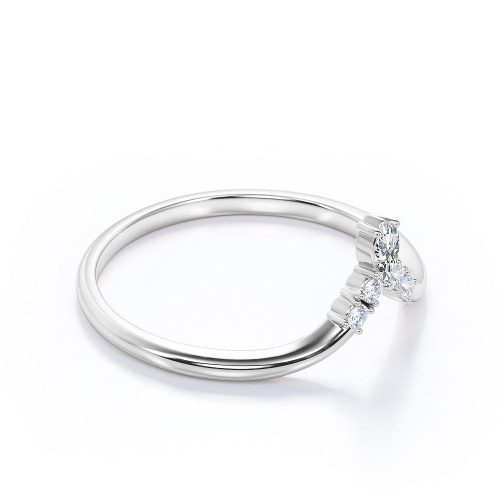 Delicate 0.10 TCW Marquise and Round Diamond V-Curved Five Stone Cluster Wedding Band in White Gold