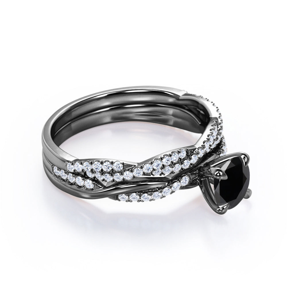 1.75 carat round cut Black Diamond twisted wedding ring set in white gold