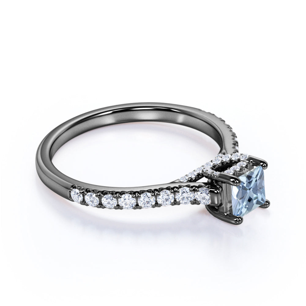 1.25 carat Princess Cut Light Blue Created Aquamarine Accent Art Deco Anniversary Ring in 18k White Gold over Silver