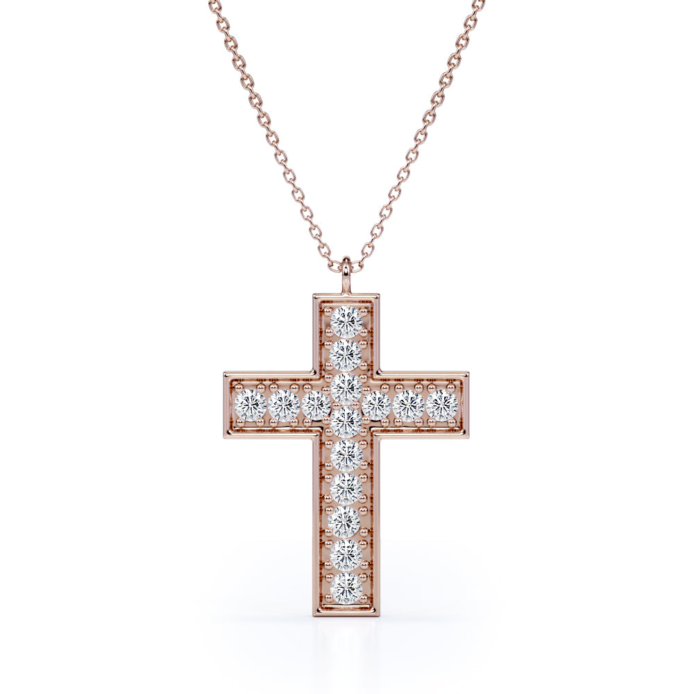 Pave-Channel 0.15 TCW Round Cut Moissanite Cross Pendant Necklace in 18K White Gold Plating over Silver