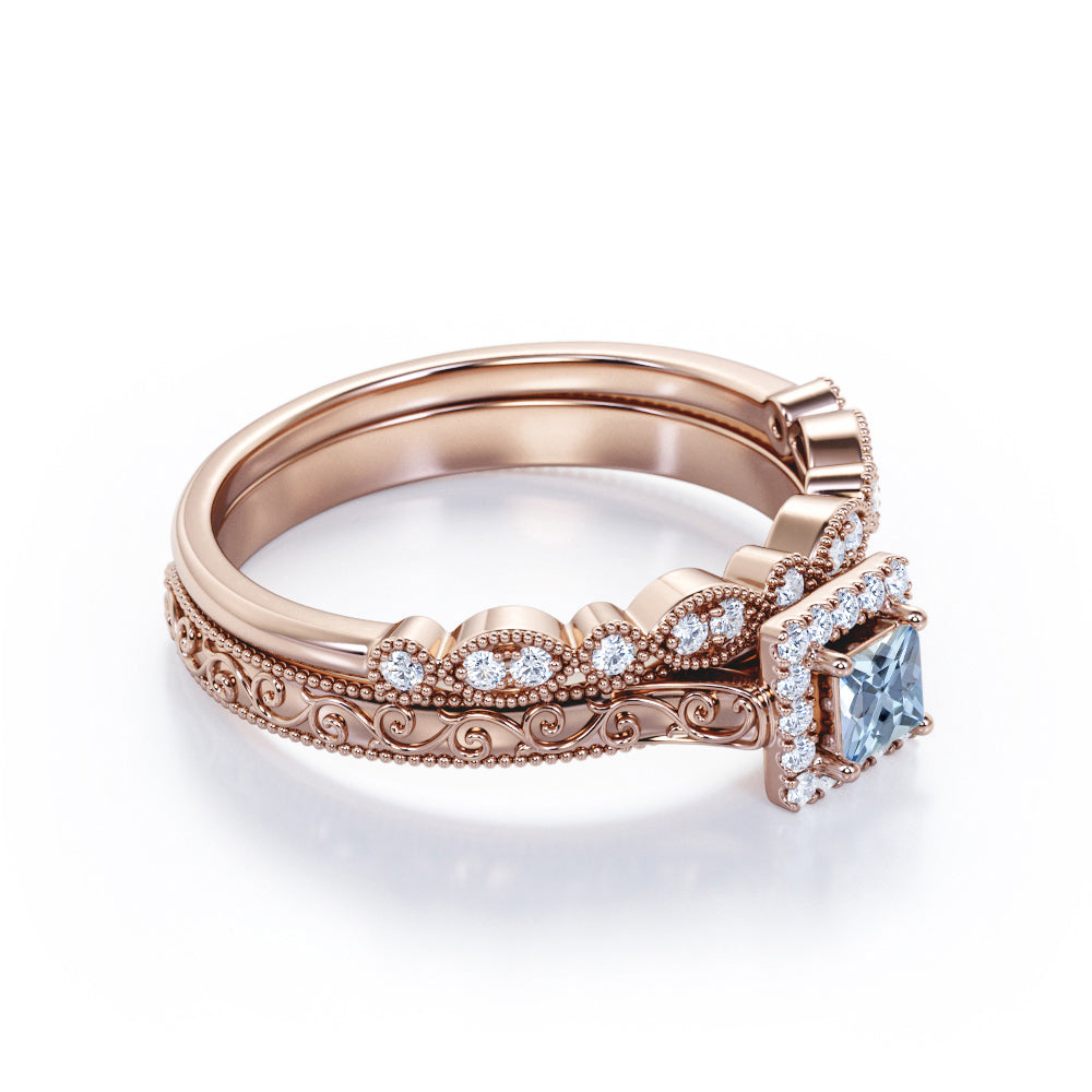 Vintage Filigree 0.6 Carat Princess Cut Aquamarine And Diamond Halo Wedding Ring Set In White Gold