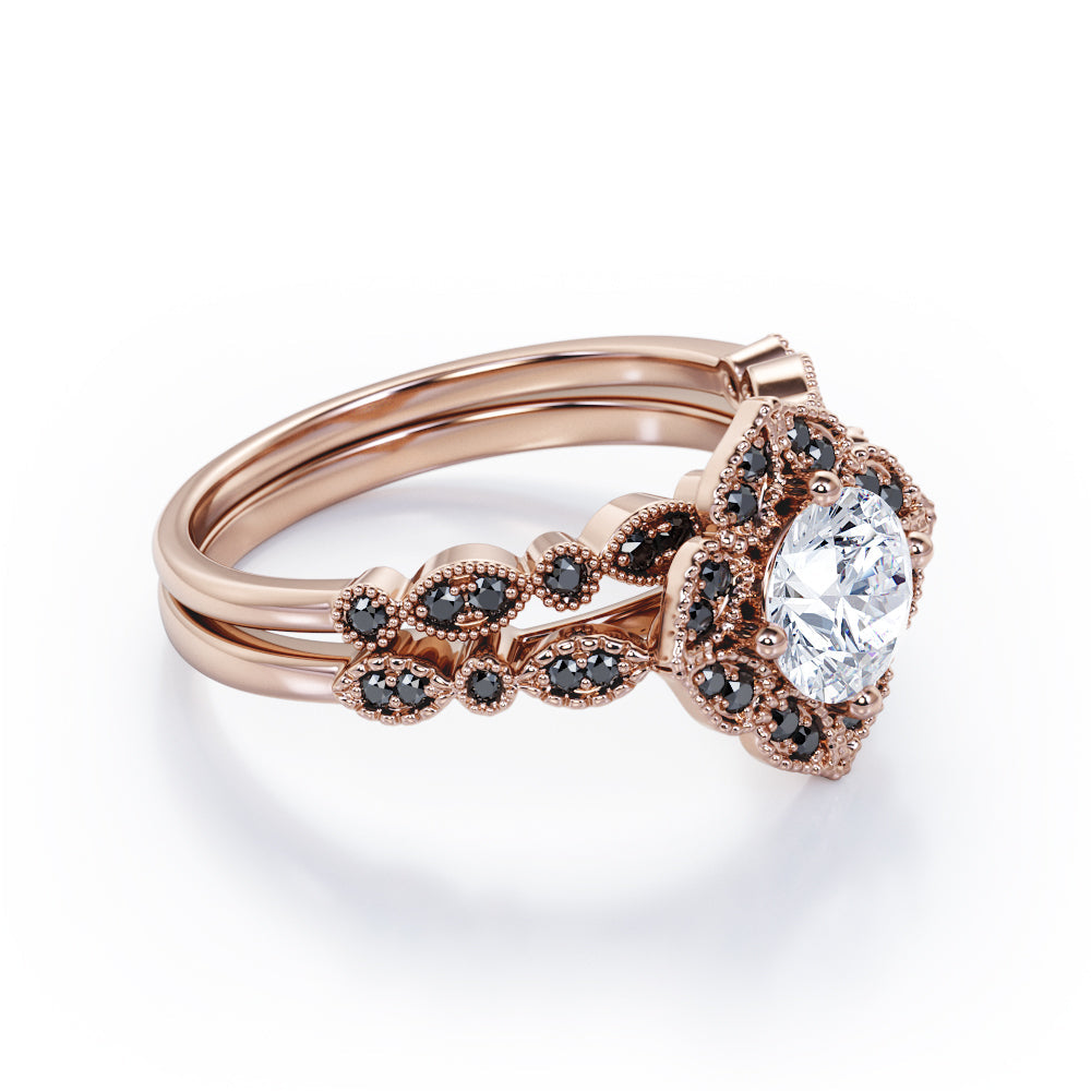 Milgrain Floral Cluster - 1.75 TCW Round Cut Moissanite with Lab Created Black Diamond - Filigree Bridal Ring Set in Rose Gold