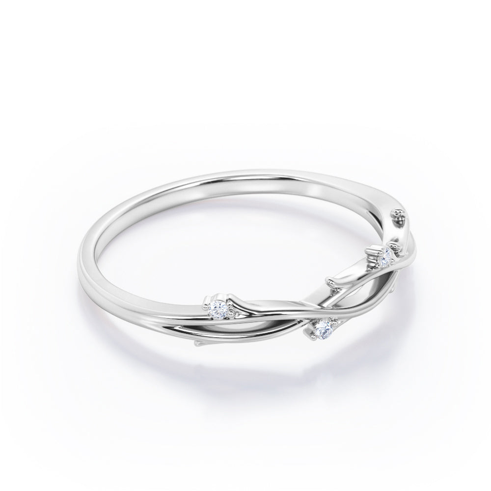 Nature Inspired - 0.10 TCW Round Cut Moissanite- Crossover Twig Stackable Ring - White Gold