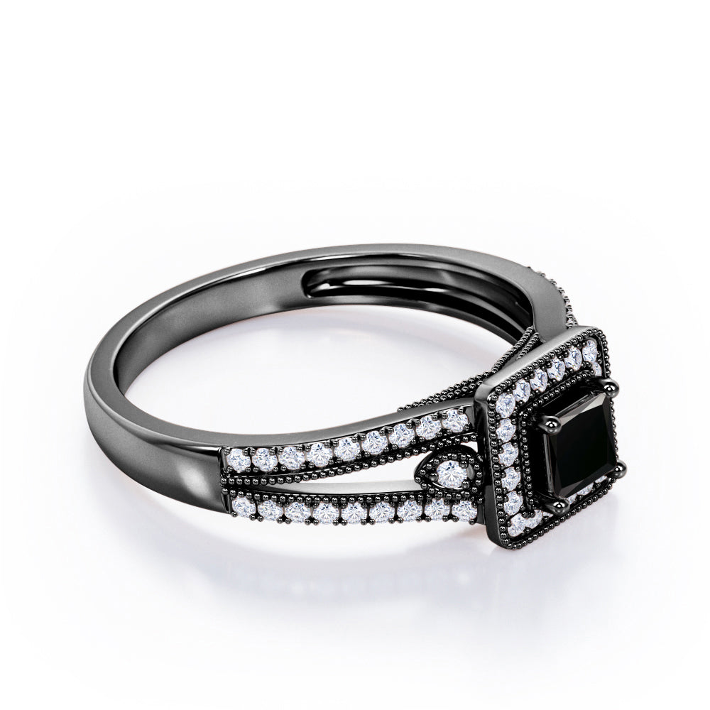 Split-Shanked Pave 1.55 Carat Princess Cut Black Diamond Milgrain-Bordered Halo Engagement Ring in White Gold