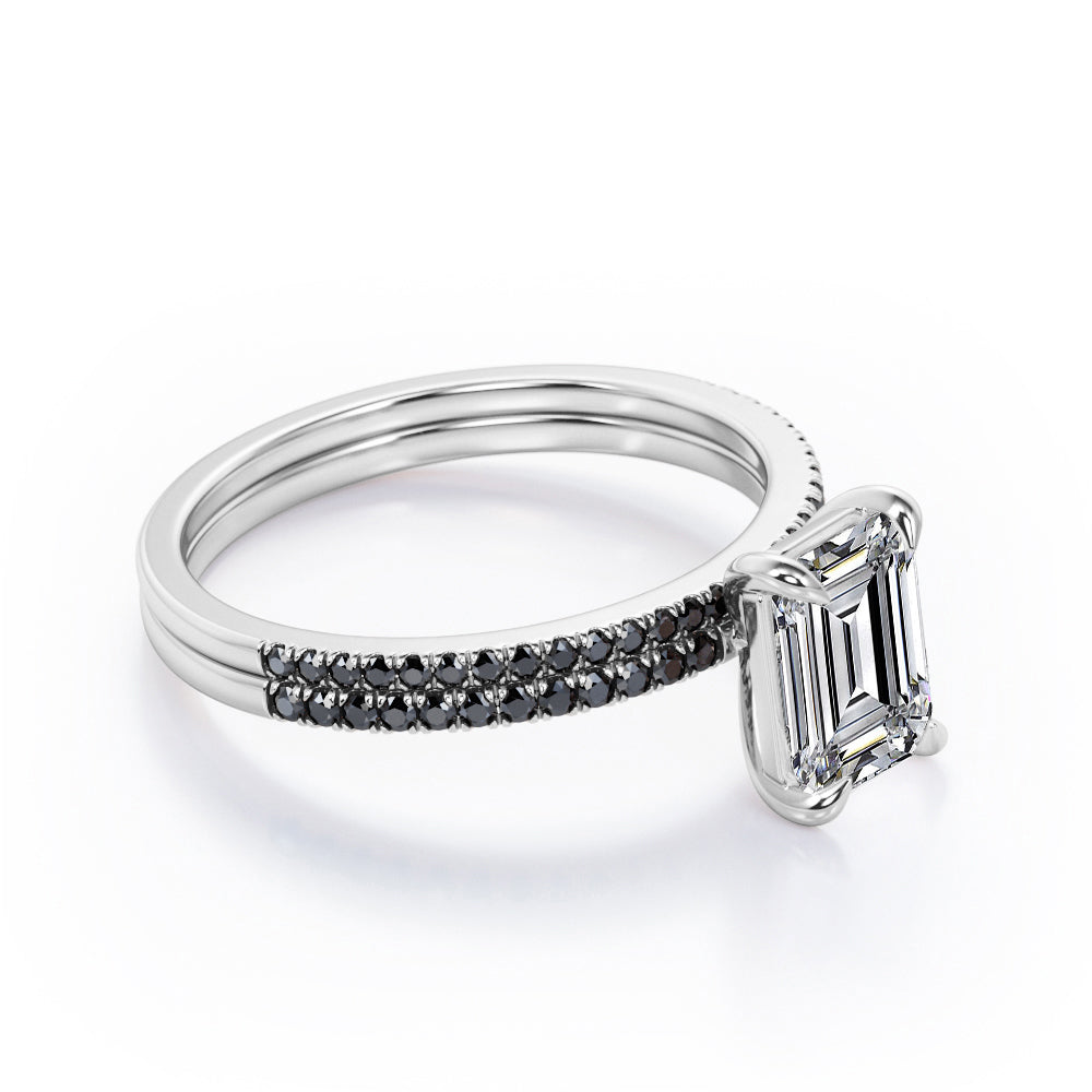 4-Prong Setting 1.65 TCW Emerald Cut Moissanite with Lab Created Black Diamond Wedding Set with Pave Accents in White Gold