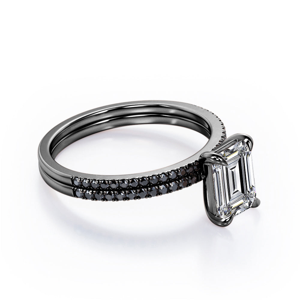 4-Prong Setting 1.65 TCW Emerald Cut Moissanite with Lab Created Black Diamond Wedding Set with Pave Accents in White Gold