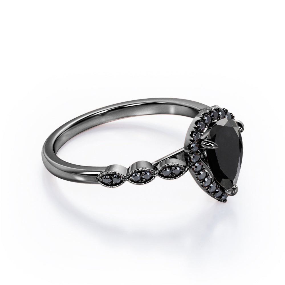 Art-Deco Filigree Milgrain 1.4 TCW Pear Cut Lab Created Black Diamond Halo Design Engagement Ring in White Gold