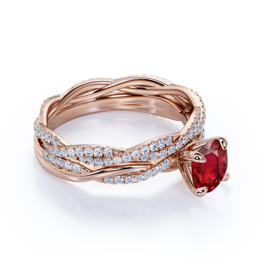 Antique Infinity 1.30 carat Round Cut Lab-Created Ruby and Diamond Twisted Bridal ring set in White Gold