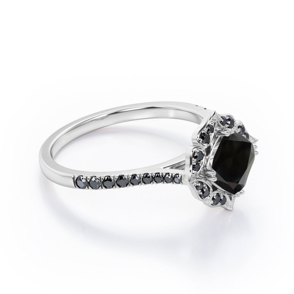 Vintage Filigree Cluster 1.5 TCW Cushion Cut Lab Created Black Diamond Engagement Ring with Pave Accents in White Gold