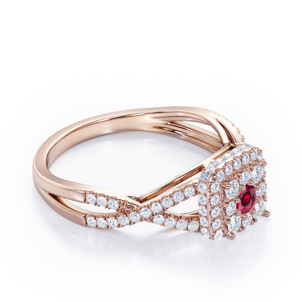 Pave Crossover - 1.25 Carat Round Cut Ruby - Flush Cluster Halo Engagement Ring in White Gold