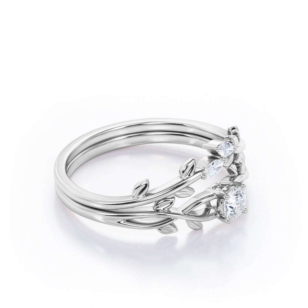 Nature-Inspired 0.35 TCW Round Brilliant Cut Diamond Branch Leaves Bridal Ring Set in White Gold