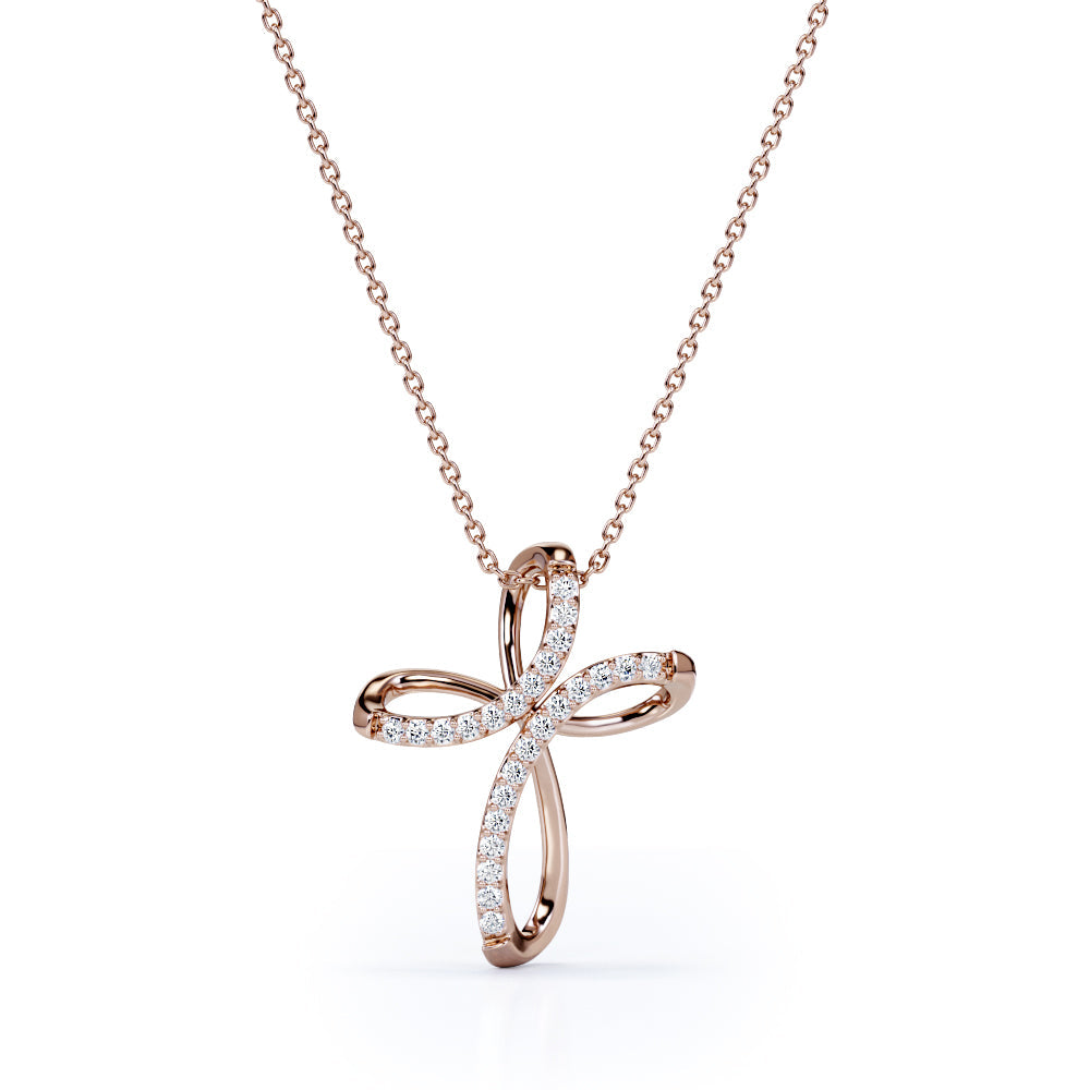 Ribbon Twist 0.25 TCW Round Brilliant Cut Moissanite Crucifix Pendant Necklace in 18K White Gold Plating over Silver