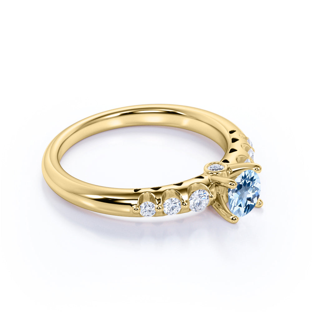 1 carat Round Light Blue Created Aquamarine 7 Stone Milgrain Engagement Ring in 18k Yellow Gold over Silver