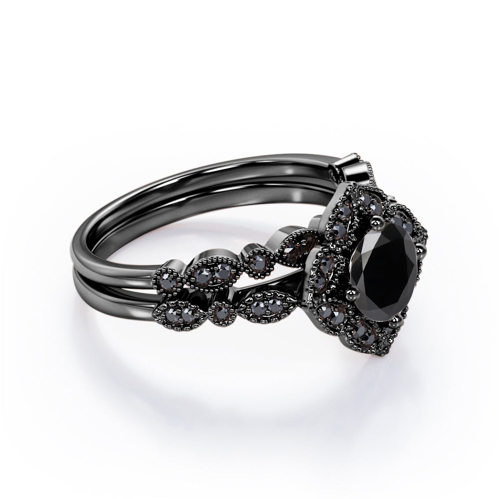 Milgrain Floral Cluster - 1.75 TCW Round Cut Lab Created Black Diamond - Filigree Bridal Ring Set in White Gold