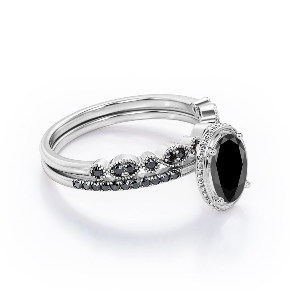 Prong Milgrain Bezel - 1.65 TCW Oval Shaped Lab Created Black Diamond - Pave Filigree Bridal Set in White Gold