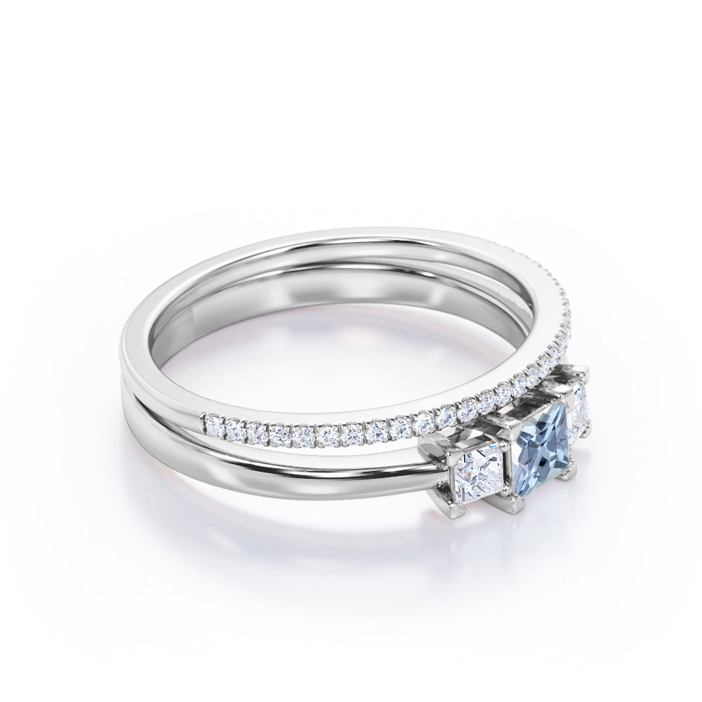 1.10 Carat Princess Cut Aquamarine And Diamond Three Stone Wedding Ring Set In White Gold