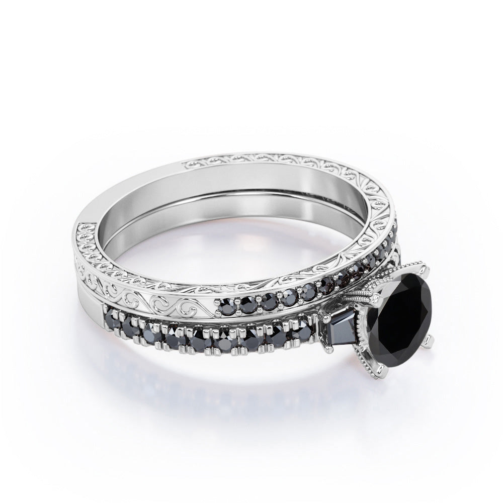 Art Deco Milgrain-Pronged 1.45 TCW Round Brilliant Cut Lab Created Black Diamond Pave Bridal Ring Set in White Gold