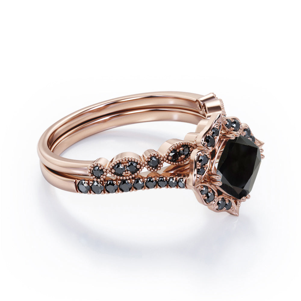 Vintage Filigree Halo - 1.65 TCW Cushion Cut Lab Created Black Diamond - Pave Accented Bridal Ring Set in White Gold