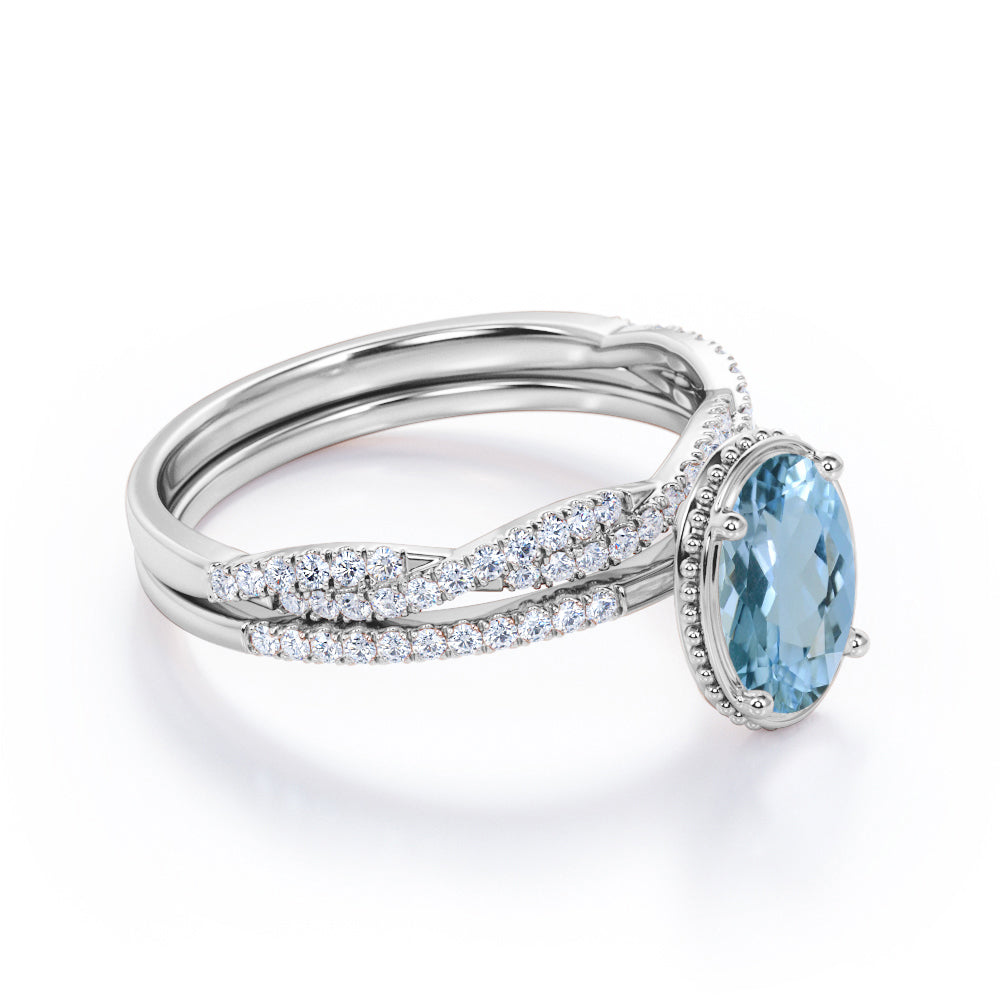 1.5 Carat Huge Oval Cut Aquamarine And Diamond Antique Wedding Ring Set In White Gold