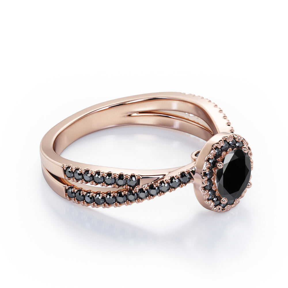 Milgrain Halo - 1.4 TCW Round Cut Lab Created Black Diamond - Infinity Double Strand Engagement Ring in White Gold