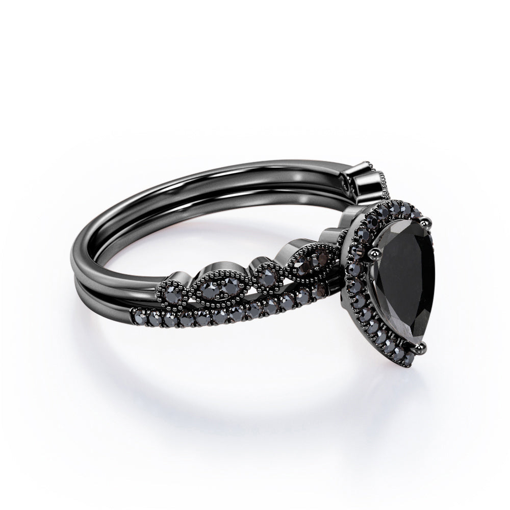 Art-Deco Milgrain Filigree 1.65 TCW Teardrop Lab Created Black Diamond Pave Wedding Ring Set in White Gold