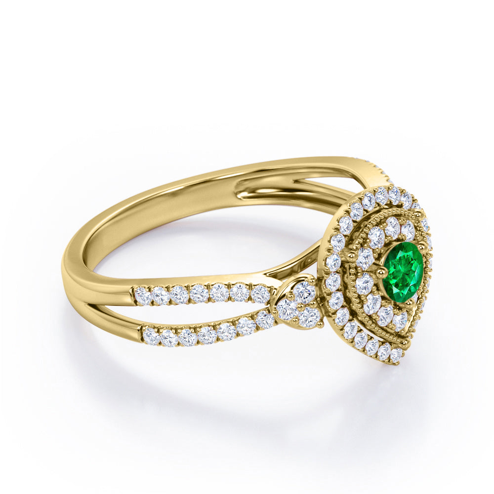 Pear-Shaped Double Halo - 1.7 Carat Round Cut Emerald and diamond - Pave Split Shank Engagement Ring in Yellow Gold