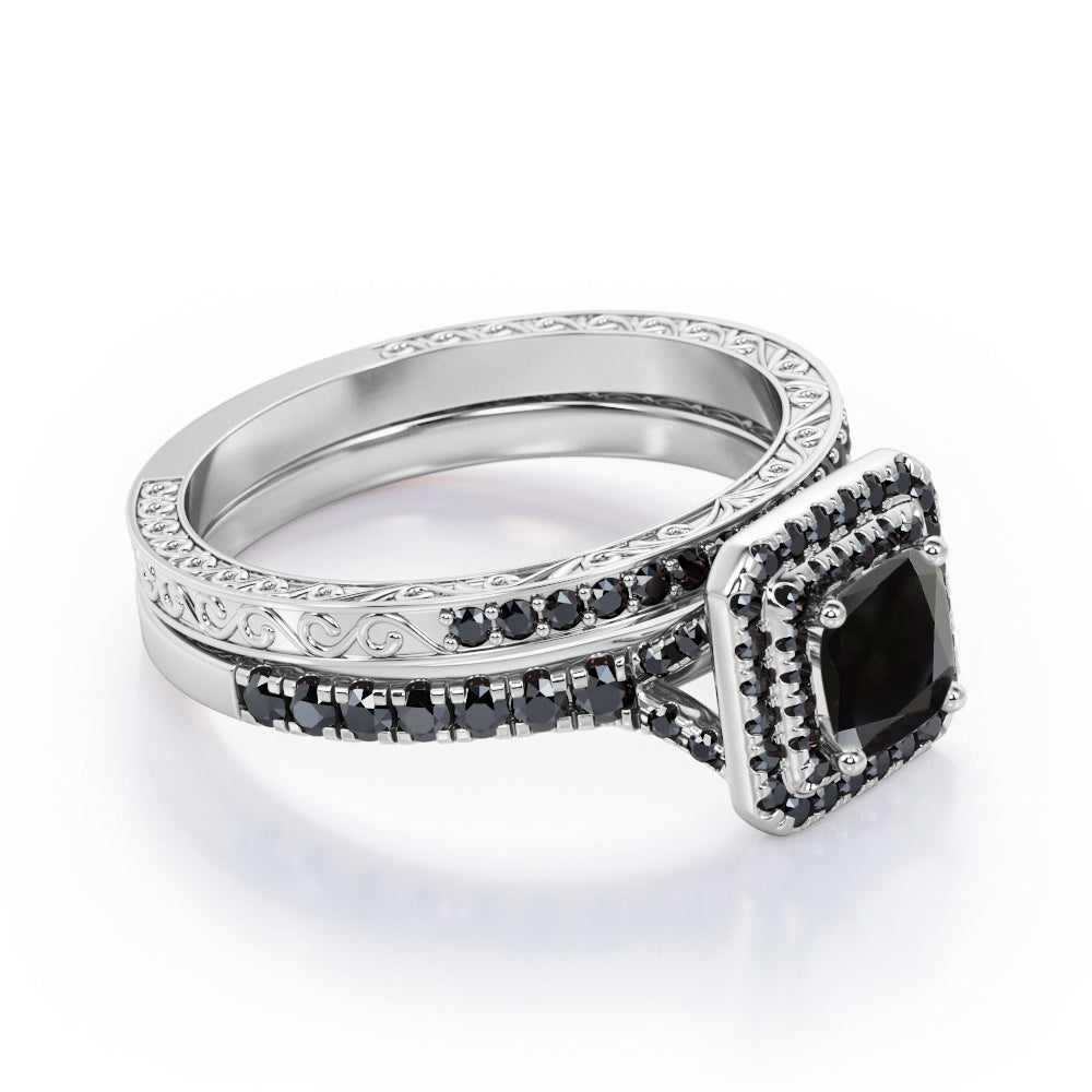 Art-Deco Pave Accented 1.7 TCW Princess Cut Lab Created Black Diamond Double Halo Bridal Ring Set in White Gold