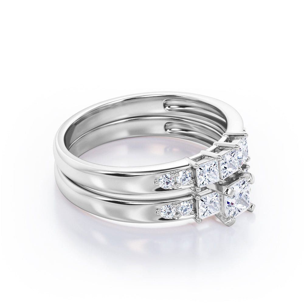 Trilogy Shared-Prong 0.6 TCW Princess Cut Diamond Pave Bridal Ring Set in White Gold