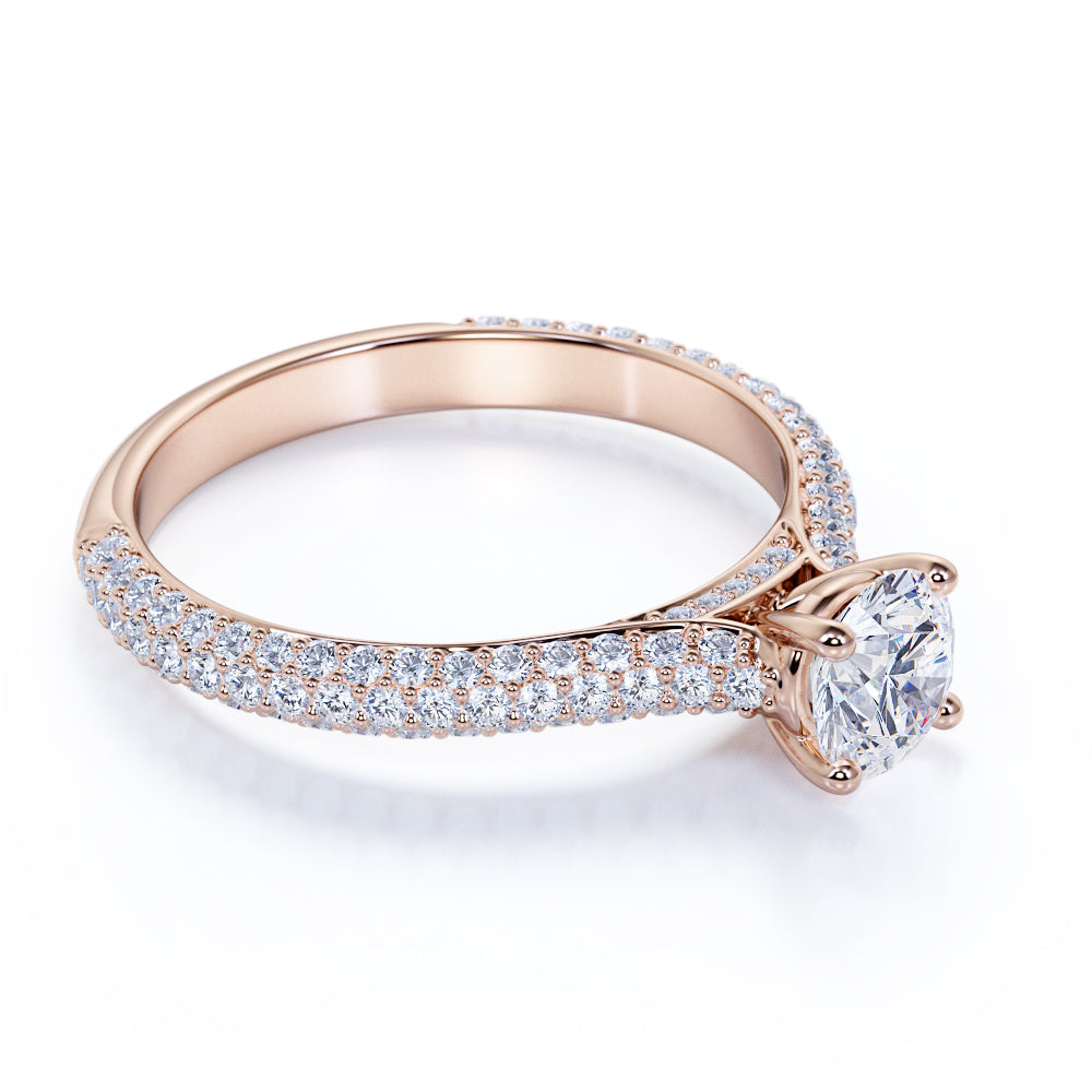 1.25 Carat Round Cut Fire Moissanite Engagement Ring - Classic Engagement Ring - Cluster Ring - 18k Rose Gold Over Silver