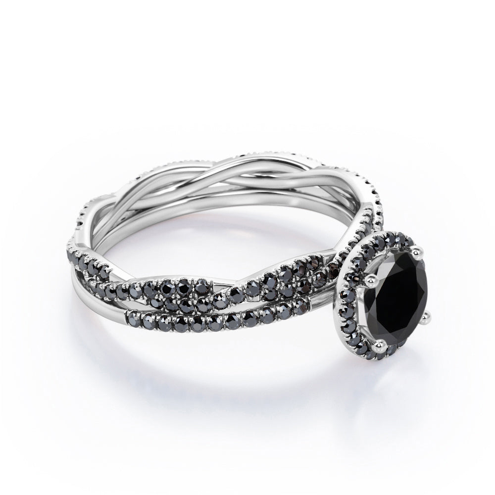 Pave Twisted Eternity 1.75 TCW Round Brilliant Cut Lab Created Black Diamond Halo-Style Wedding Ring Set in White Gold