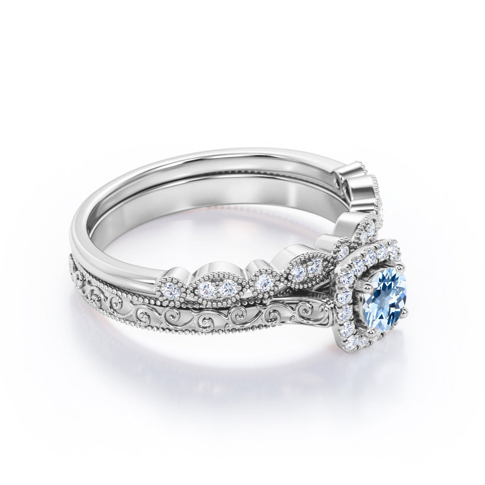 Vintage 1.15 Carat Round Cut Aquamarine And Diamond Halo Wedding Ring Set In White Gold.