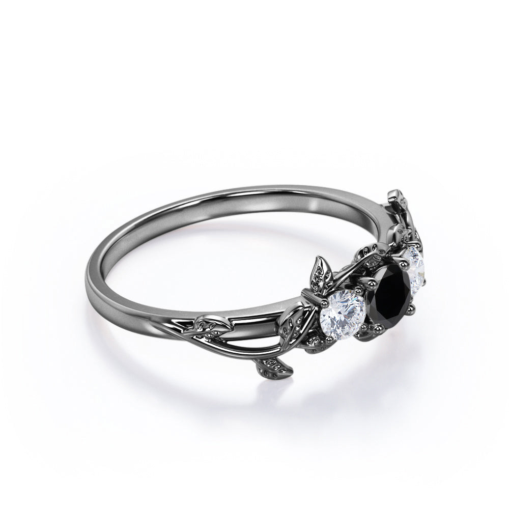 1 carat round cut  Black Diamond leaf style engagement ring in white gold