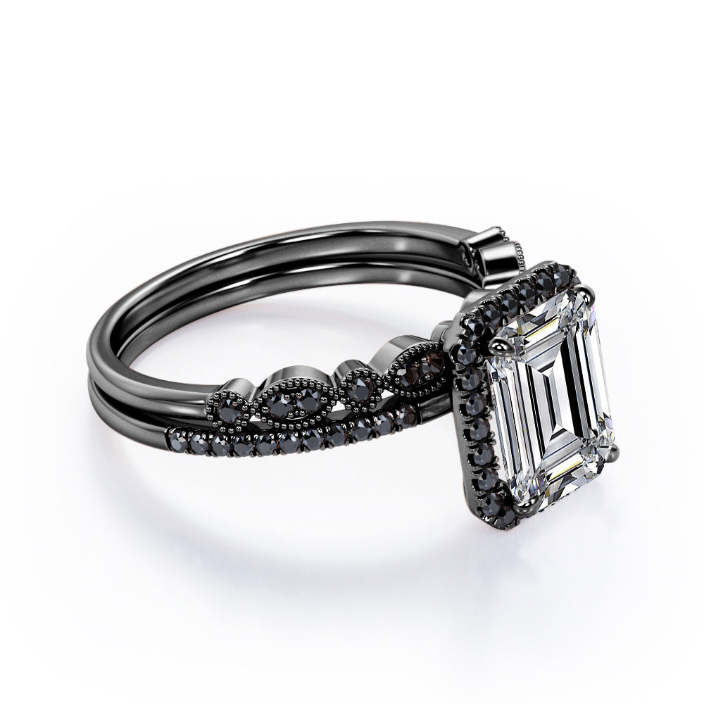 Art Deco Filigree Milgrain 1.65 TCW Emerald Cut Moissanite with Lab Created Black Diamond Halo-Style Wedding Set in Rose Gold