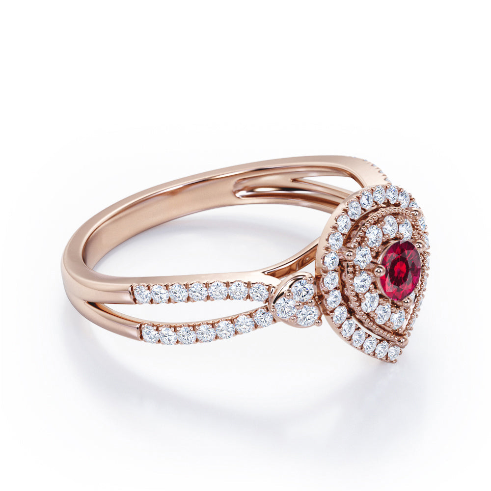 Pear-Shaped Double Halo - 1.7 Carat Round Cut Ruby - Pave Split Shank Engagement Ring in White Gold