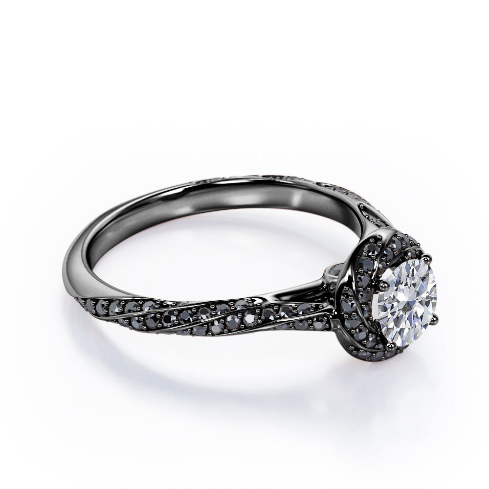 Twirl Halo - 0.6 TCW Round Shaped Diamond with Lab Created Black Diamond - Twisted Pave Engagement Ring - 10K White Gold