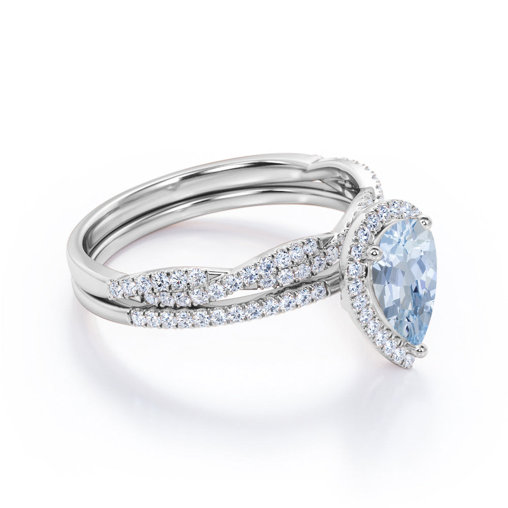 1.65 Carat Pear Cut Aquamarine And Diamond Halo Wedding Ring Set In White Gold